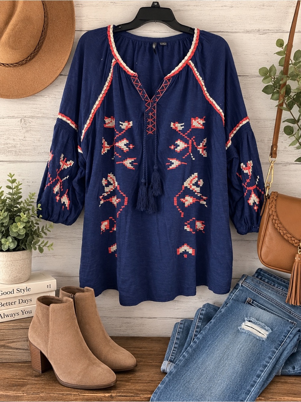 new directions Navy Embroidered Tassel Peasant Blouse